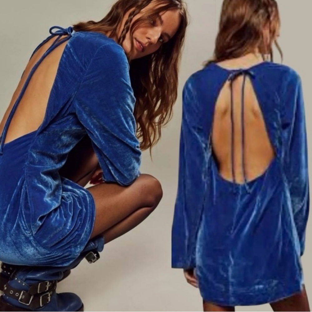 NWT, Free People Chelsey Mini Dress Blue Velvet Open Back Bell Sleeves, Sz S